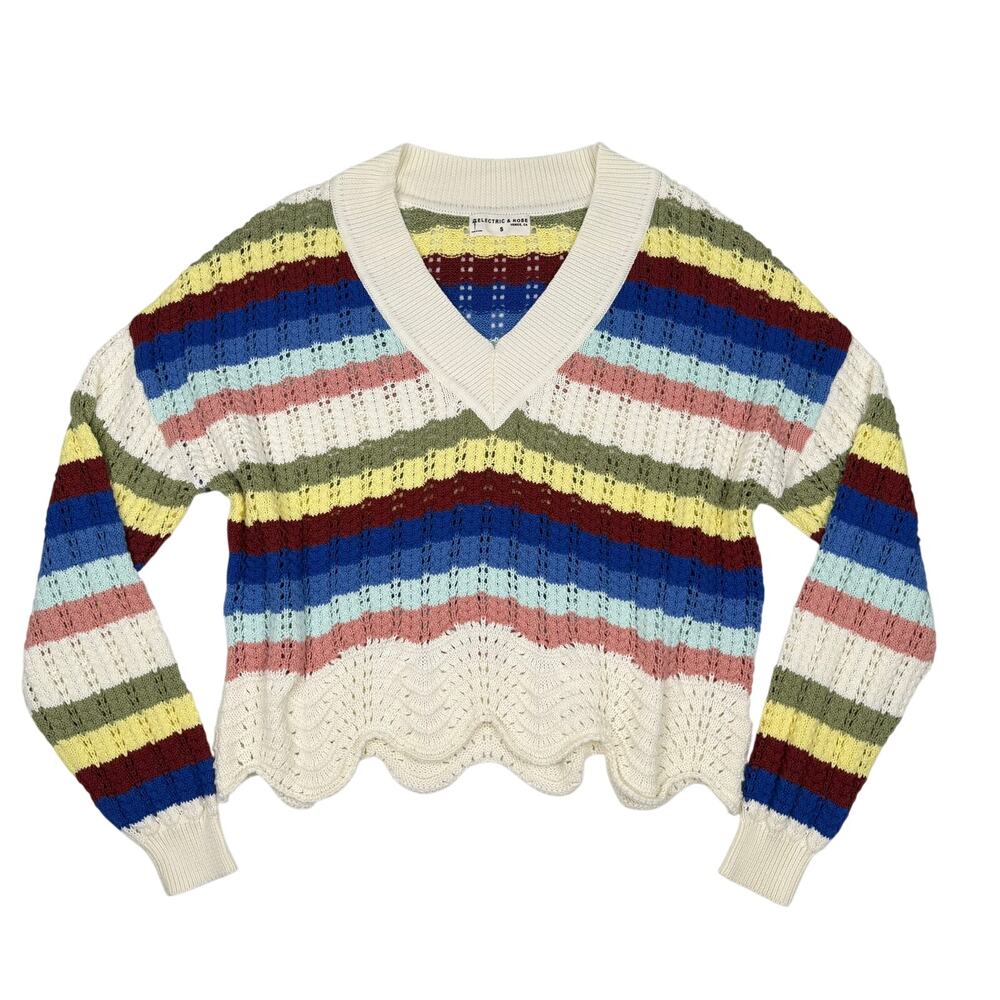 Electric & Rose Striped Crochet V-Neck Sweater Oversized Relaxed Cotton Size S